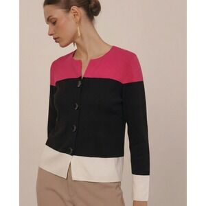 Misook Colorblock Knit Jacket Women Medium Pink Black White Button Front